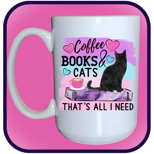 Coffee Books & Cats - 15oz Ceramic Coffee Mug