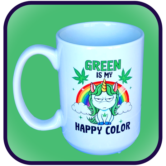 Green Is My Happy Color - Cannabis Unicorn - 15oz Ceramic Mug