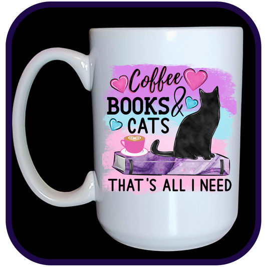 Coffee Books & Cats - 15oz Ceramic Coffee Mug